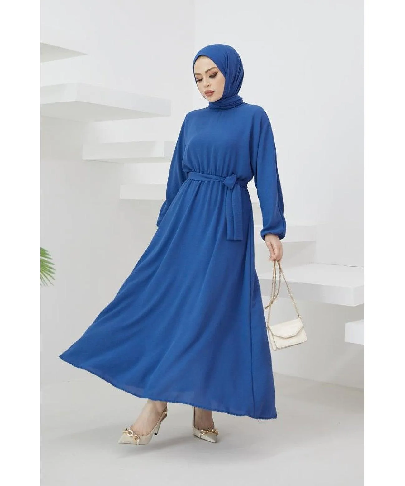 Elegant Long Dubai Abaya Dress - Blue | Stylish Belt Abaya