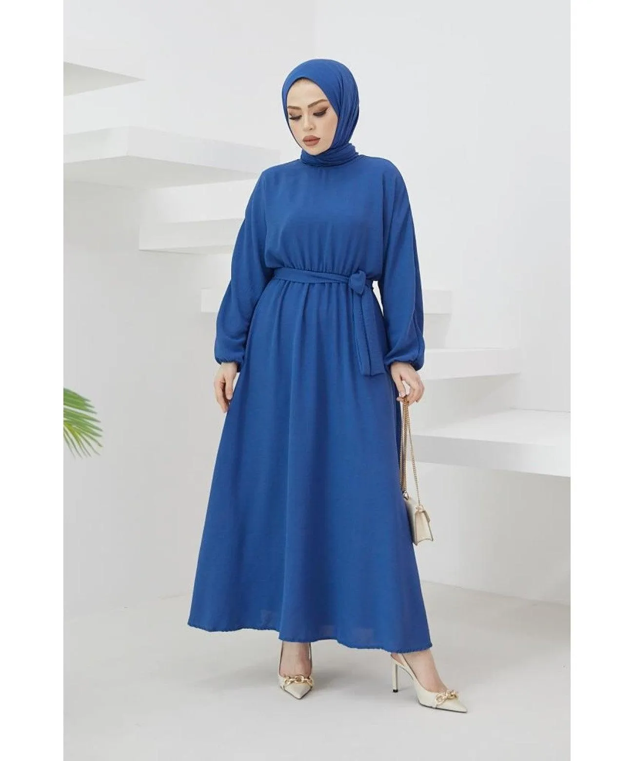Elegant Long Dubai Abaya Dress - Blue | Stylish Belt Abaya