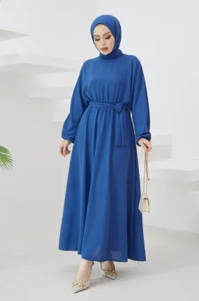 Elegant Long Dubai Abaya Dress - Blue | Stylish Belt Abaya