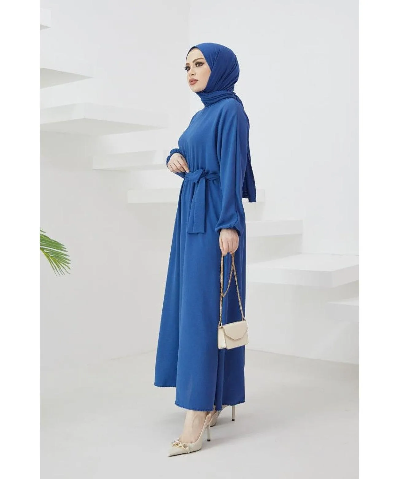 Elegant Long Dubai Abaya Dress - Blue | Stylish Belt Abaya
