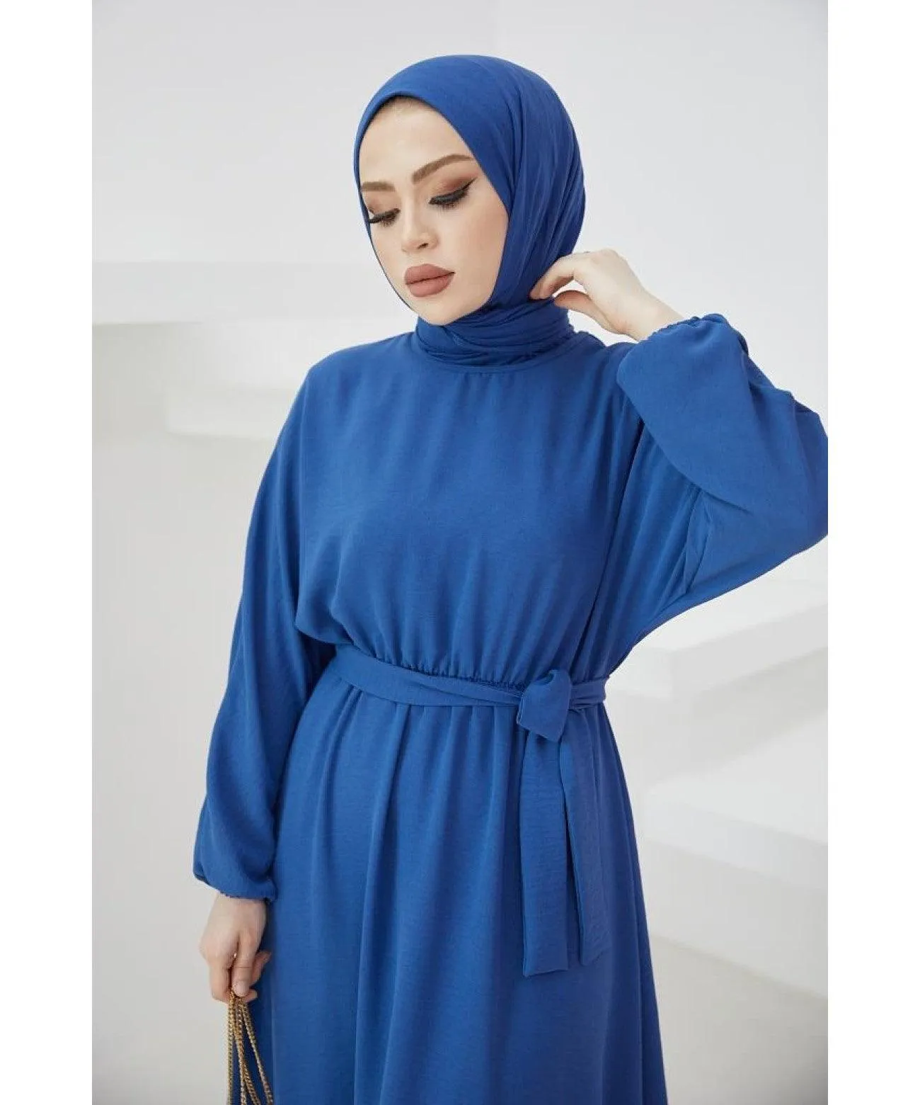 Elegant Long Dubai Abaya Dress - Blue | Stylish Belt Abaya