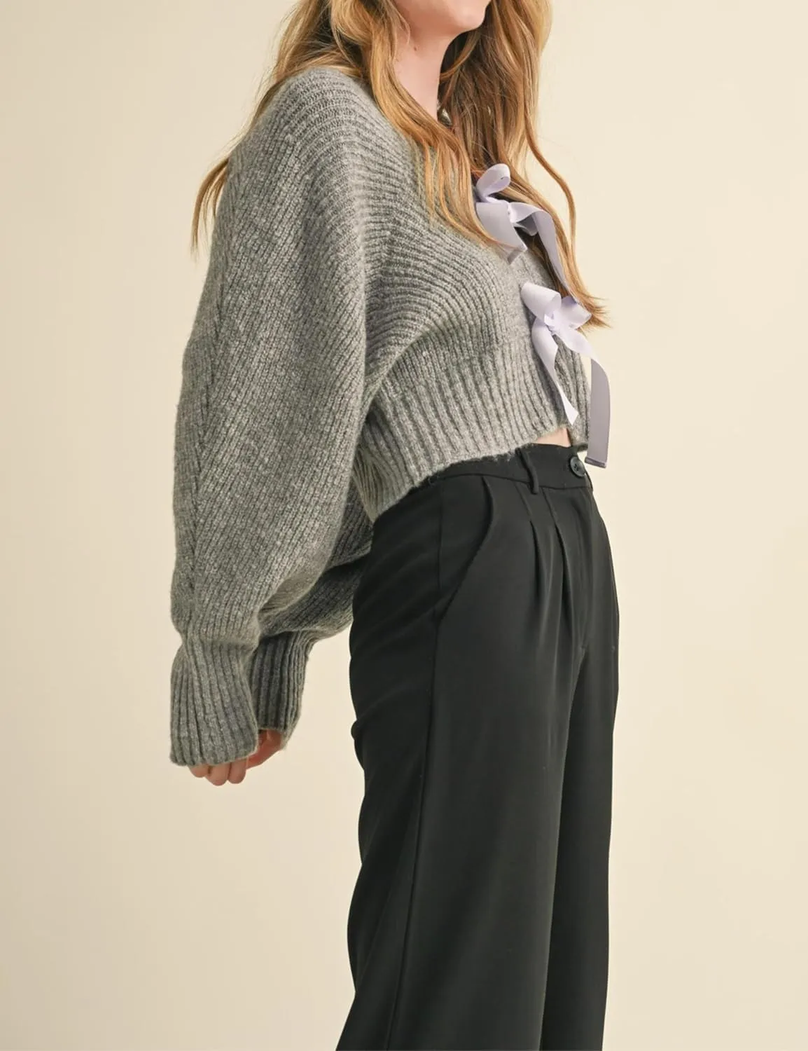 Esmeling Women’s Long Sleeve Crop Cardigan Sweaters Chic Loose V Neck Knit Sweater Outerwear with Bow Tie