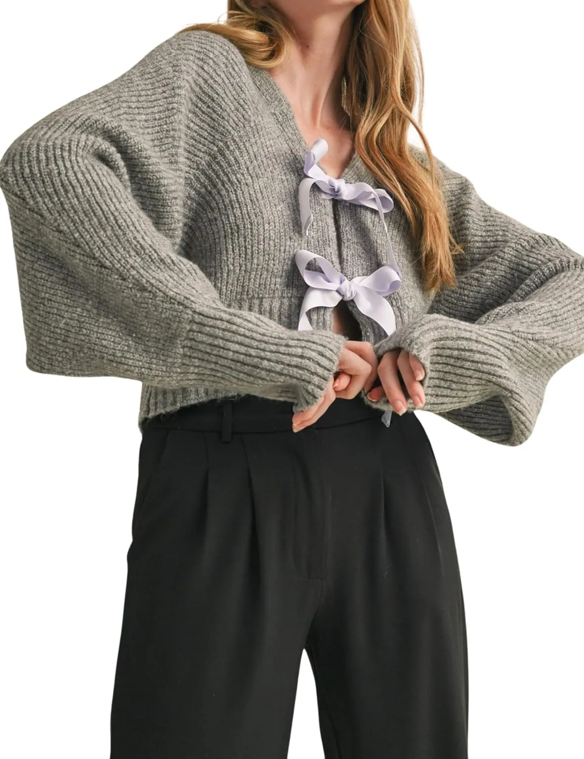 Esmeling Women’s Long Sleeve Crop Cardigan Sweaters Chic Loose V Neck Knit Sweater Outerwear with Bow Tie