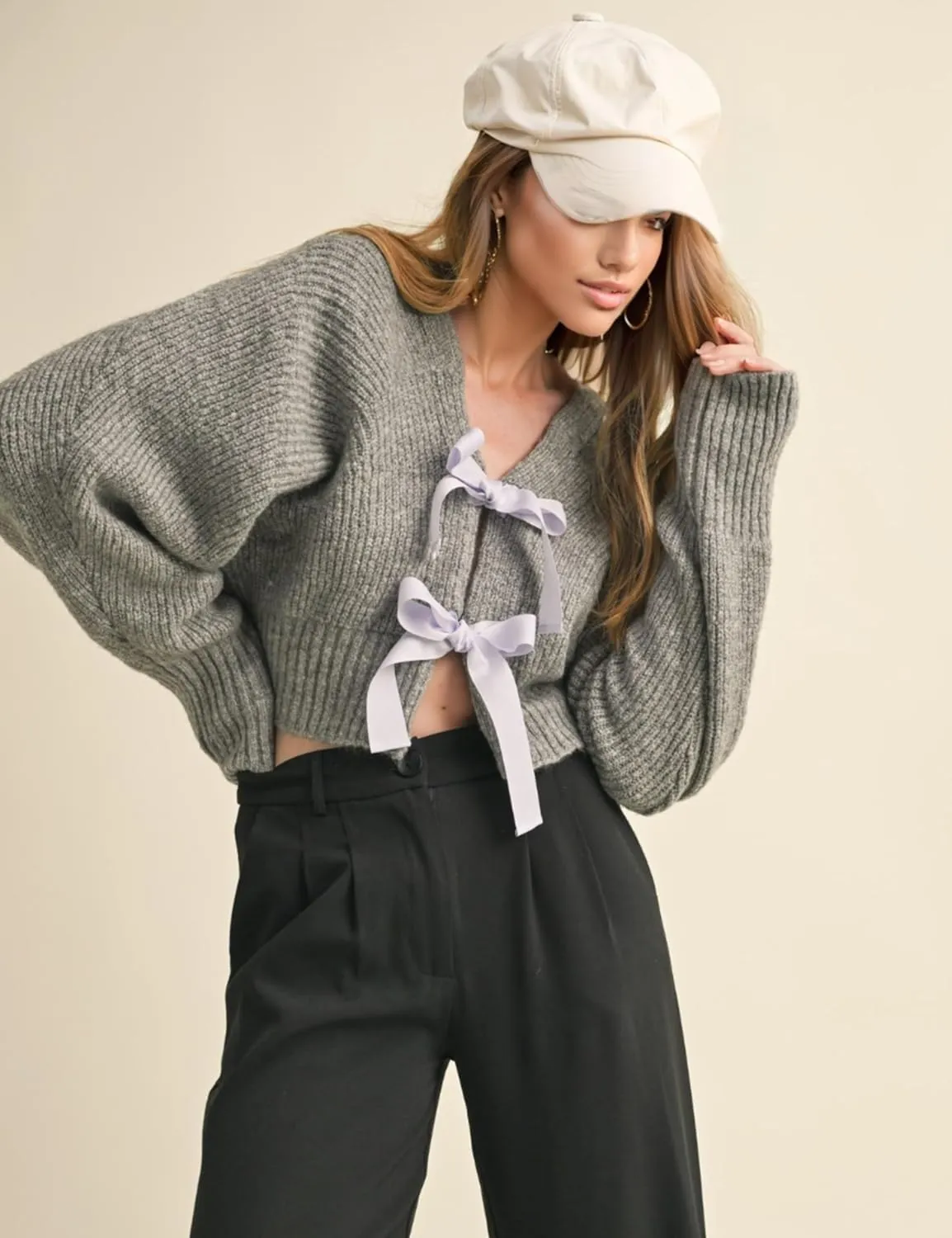 Esmeling Women’s Long Sleeve Crop Cardigan Sweaters Chic Loose V Neck Knit Sweater Outerwear with Bow Tie