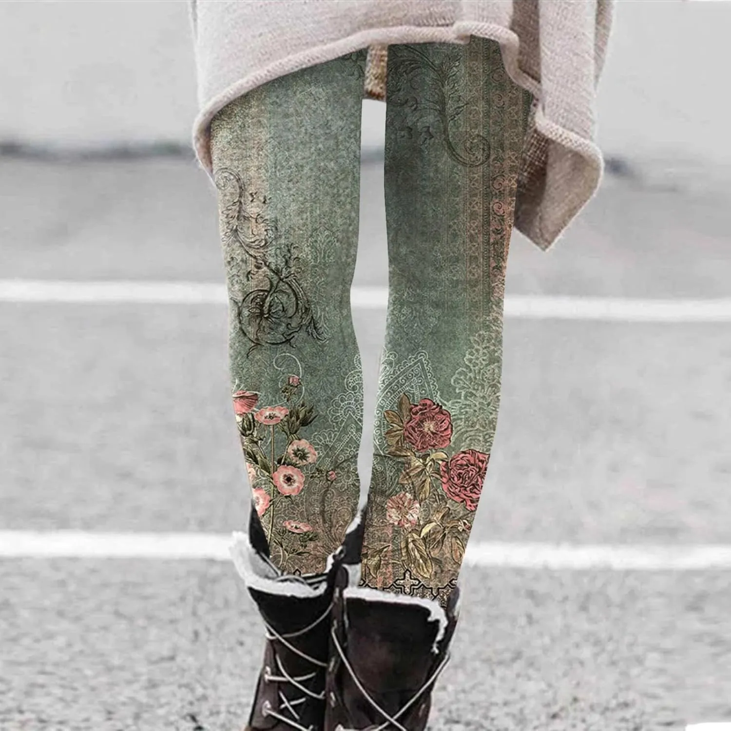 Fleece Lined Leggings Printed Bottom Pants Fall and Winter Inside Comfortable Casual Pants Women's Bottom Pants