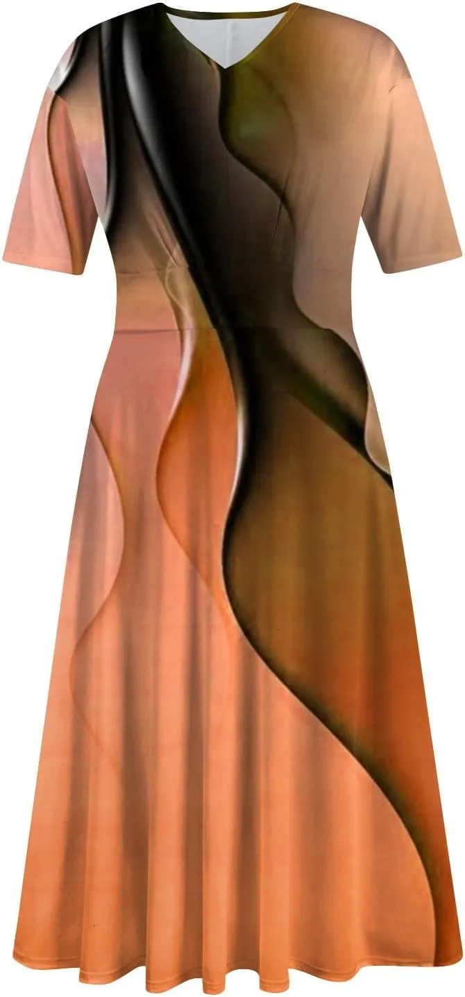 FlekmanArt Maxi Dress for Women Printing Short Sleeve Swing Dress Waist V Neck Maxi Dress A-Line Elegant Beach Dress
