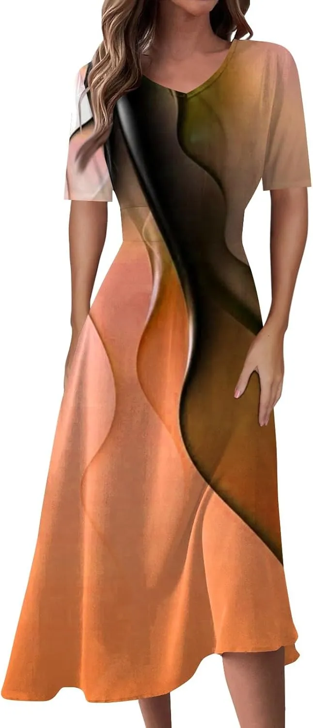 FlekmanArt Maxi Dress for Women Printing Short Sleeve Swing Dress Waist V Neck Maxi Dress A-Line Elegant Beach Dress