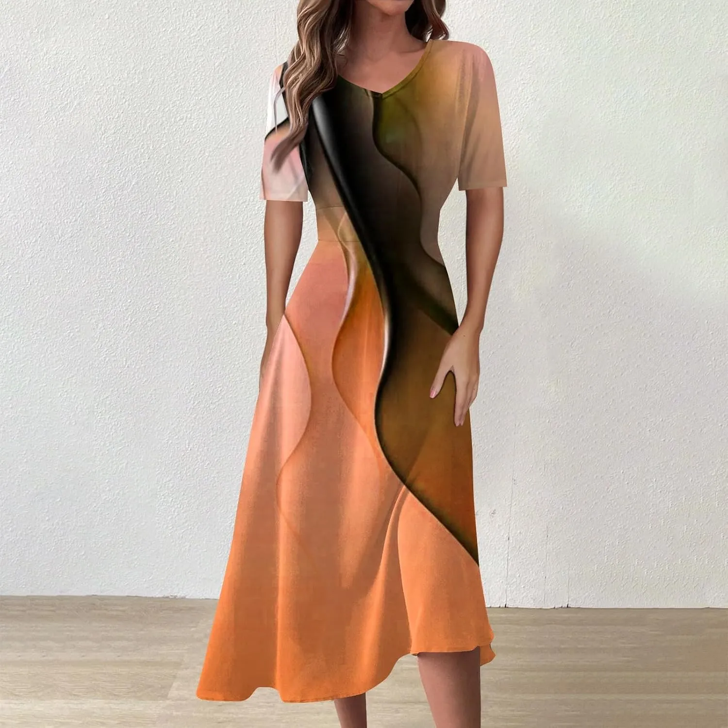 FlekmanArt Maxi Dress for Women Printing Short Sleeve Swing Dress Waist V Neck Maxi Dress A-Line Elegant Beach Dress