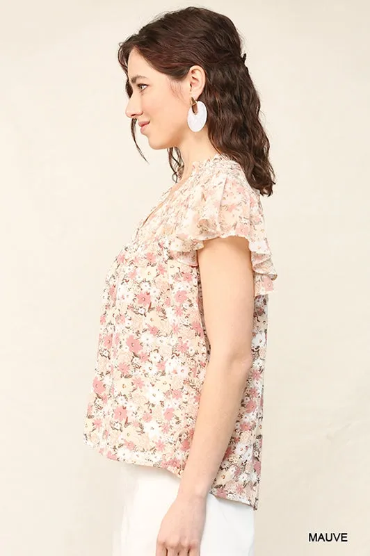 Gigio Chiffon Print Flare Sleeve Blouse - Blush Mauve