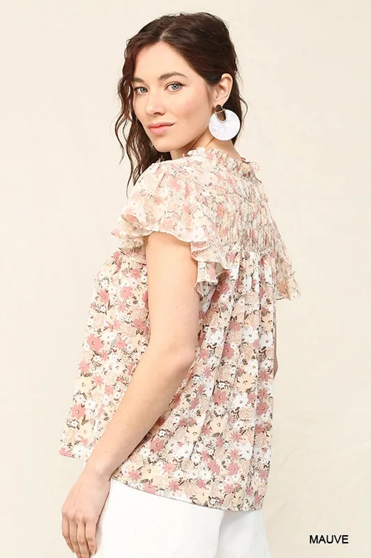 Gigio Chiffon Print Flare Sleeve Blouse - Blush Mauve