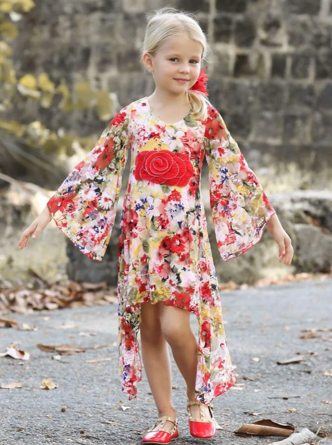 Girls Floral Lace Sidetail Boho Sleeve Dress