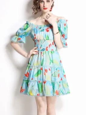 Green Convertible Off Shoulder Stretchable High Waist Floral Printed Mini Boho Dress