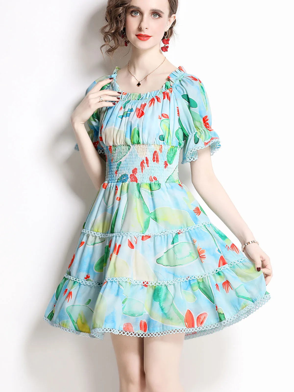 Green Convertible Off Shoulder Stretchable High Waist Floral Printed Mini Boho Dress