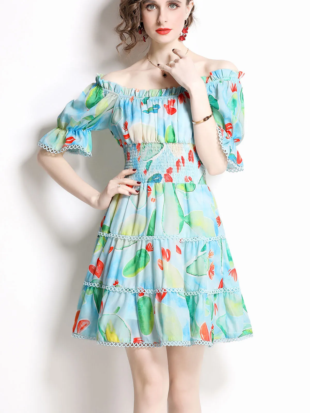 Green Convertible Off Shoulder Stretchable High Waist Floral Printed Mini Boho Dress