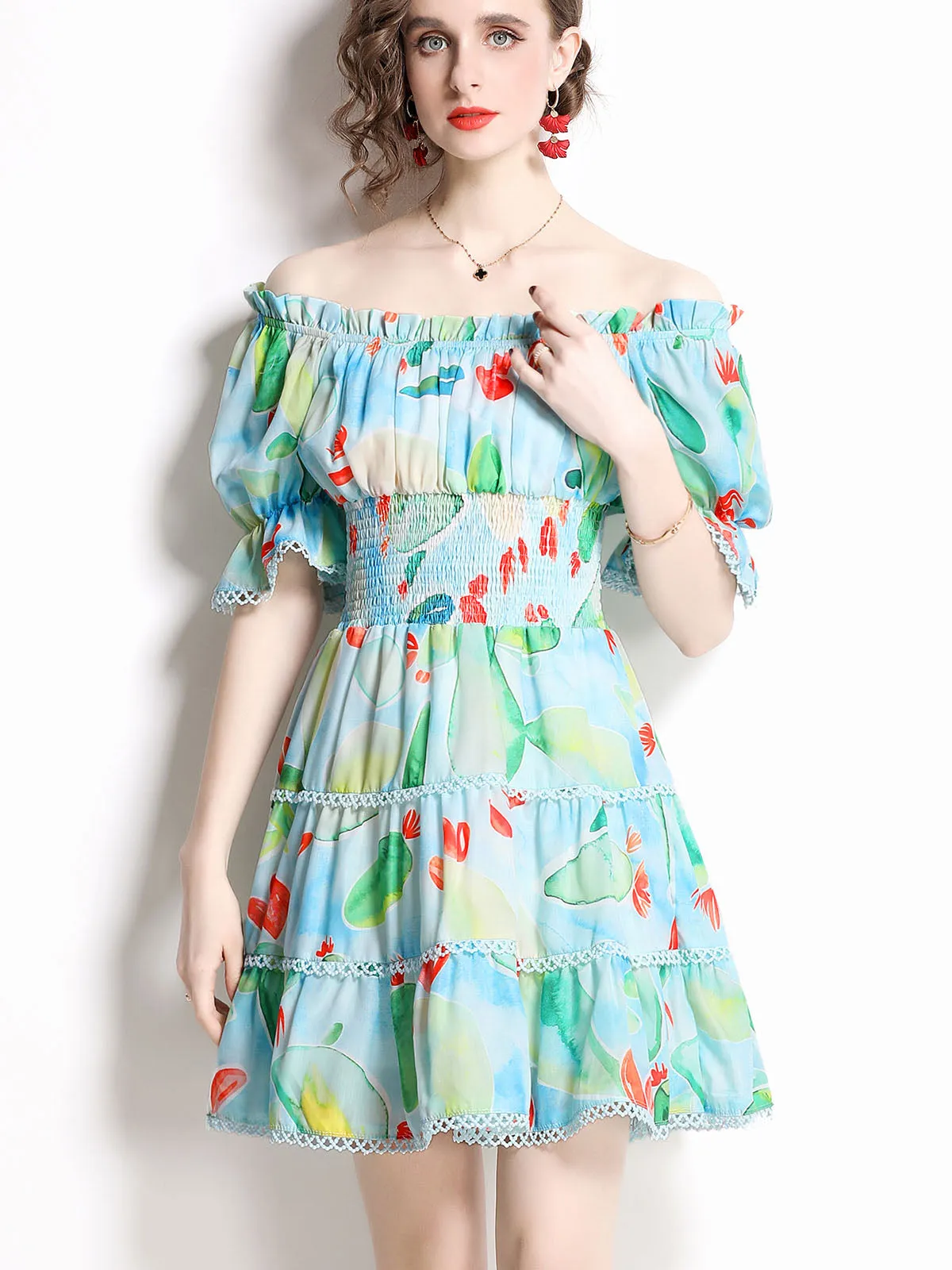 Green Convertible Off Shoulder Stretchable High Waist Floral Printed Mini Boho Dress