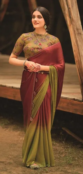 Green Shaded Velvet Chiffon Saree with Sequined Blouse AN02