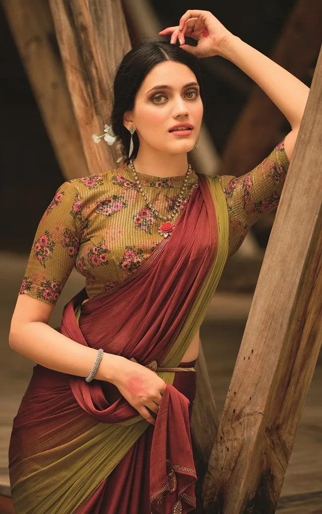 Green Shaded Velvet Chiffon Saree with Sequined Blouse AN02