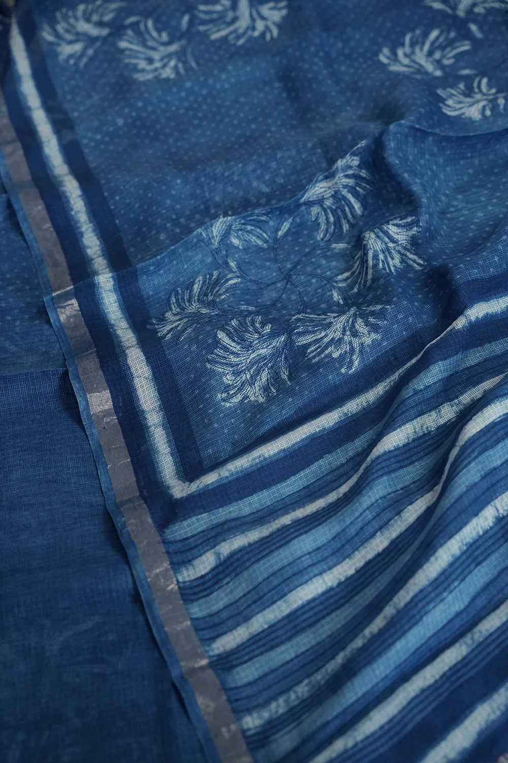 Indigo Blue Block Printed Kota Silk saree