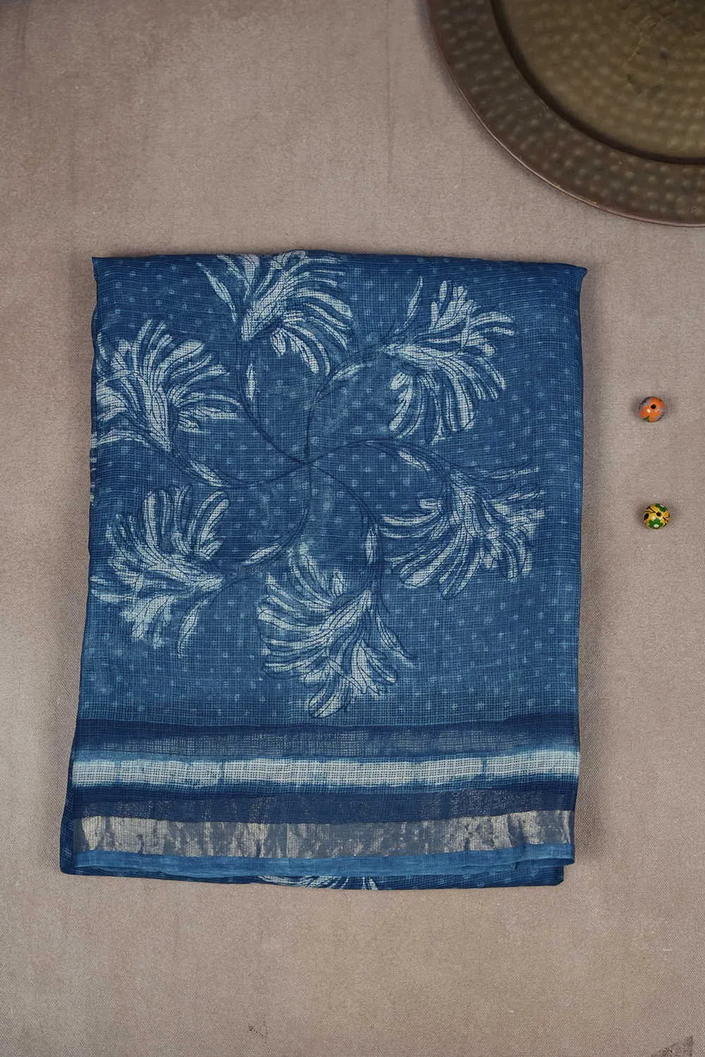 Indigo Blue Block Printed Kota Silk saree