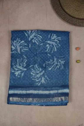 Indigo Blue Block Printed Kota Silk saree