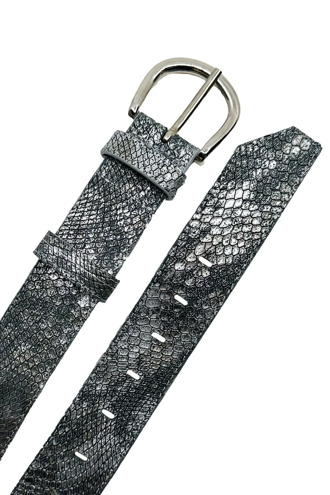Jeans Belt Metallic Grey Snake Print