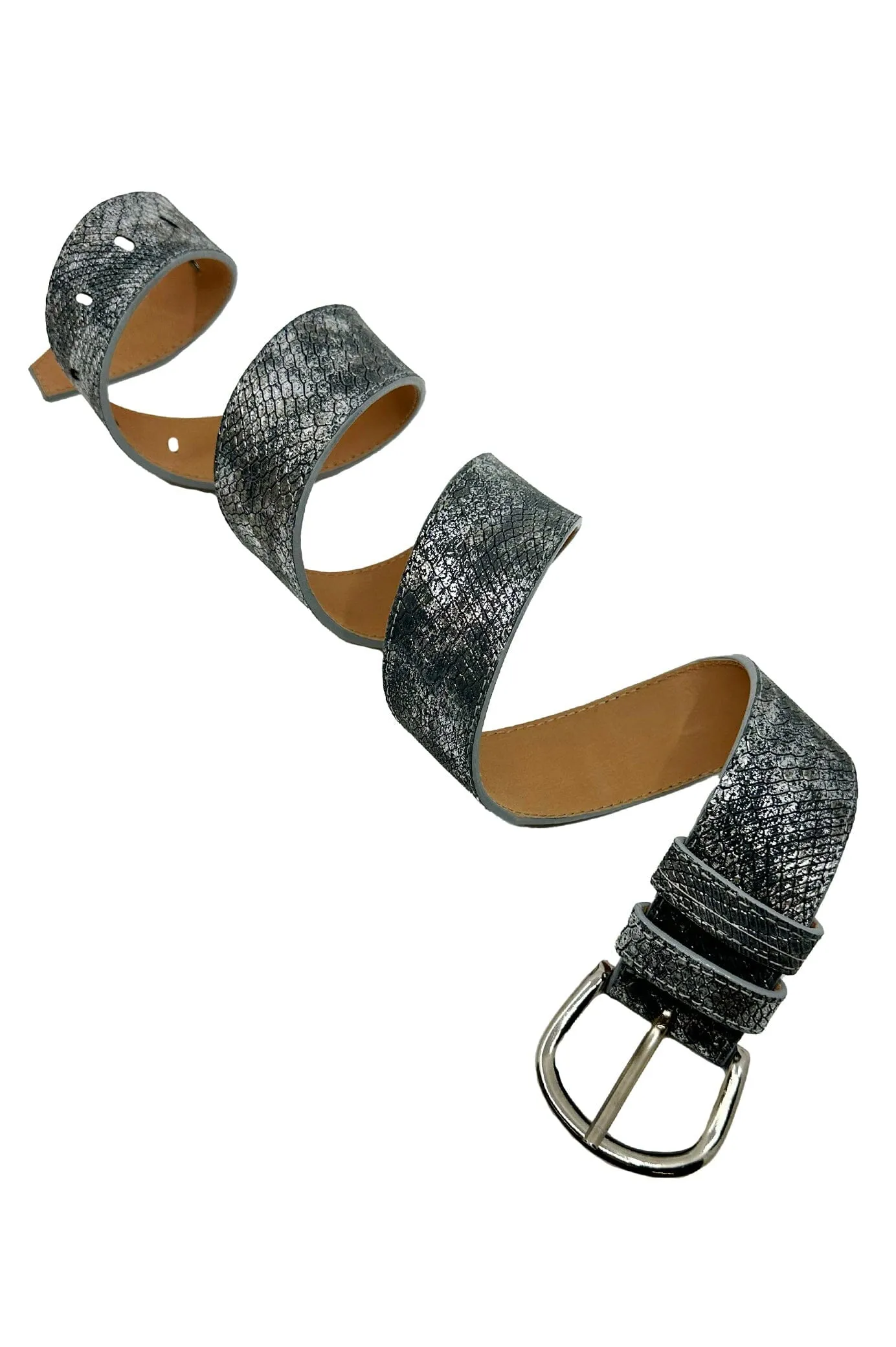 Jeans Belt Metallic Grey Snake Print