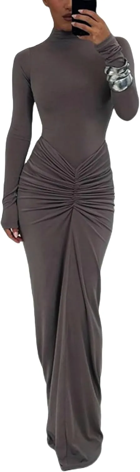 JUMISEE Women's Sexy Ruched Long Sleeve Maxi Dress Elegant Turtleneck Bodycon Cocktail Party Dress Evening Dress