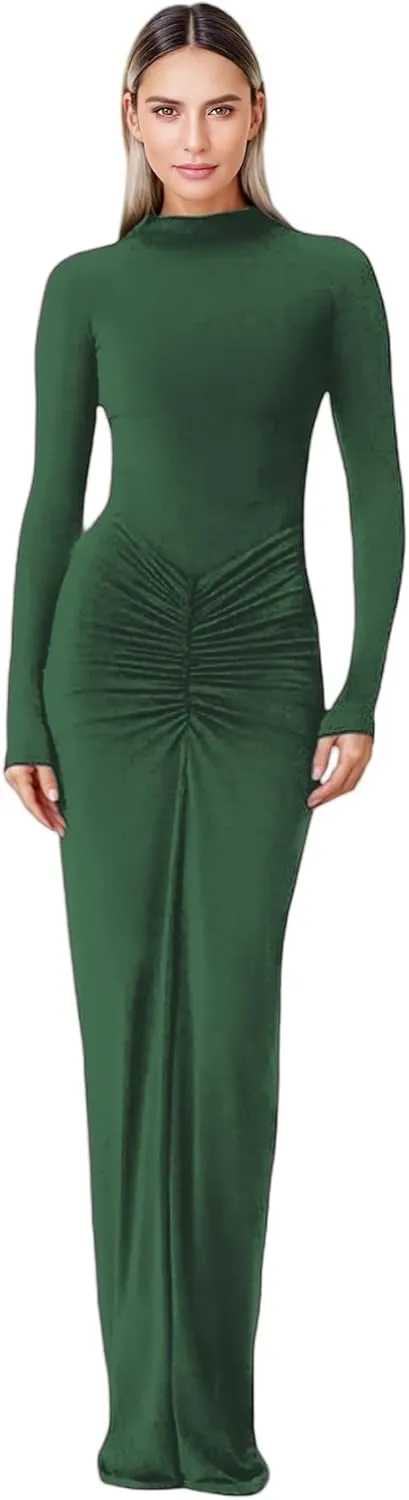 JUMISEE Women's Sexy Ruched Long Sleeve Maxi Dress Elegant Turtleneck Bodycon Cocktail Party Dress Evening Dress