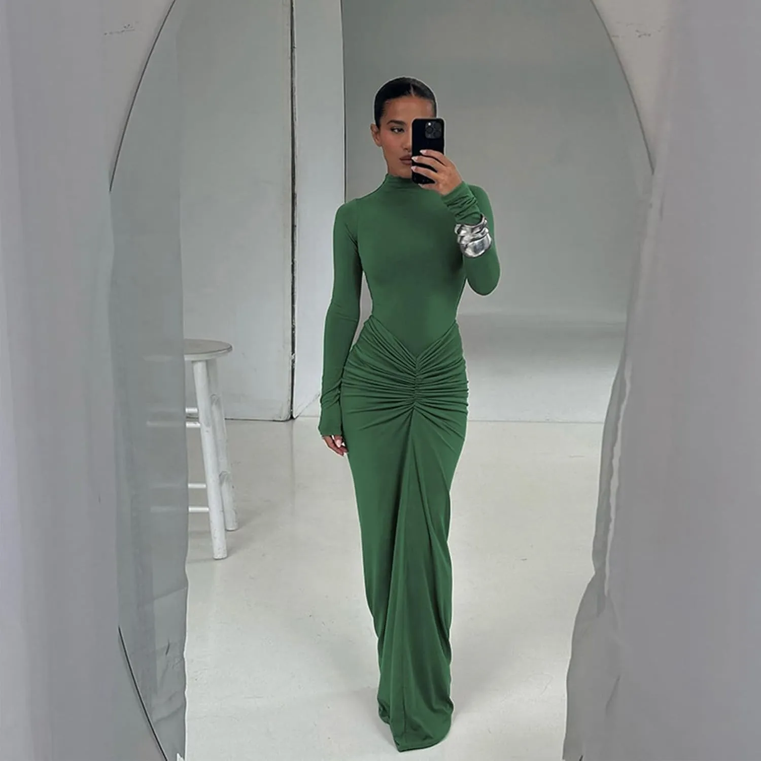 JUMISEE Women's Sexy Ruched Long Sleeve Maxi Dress Elegant Turtleneck Bodycon Cocktail Party Dress Evening Dress