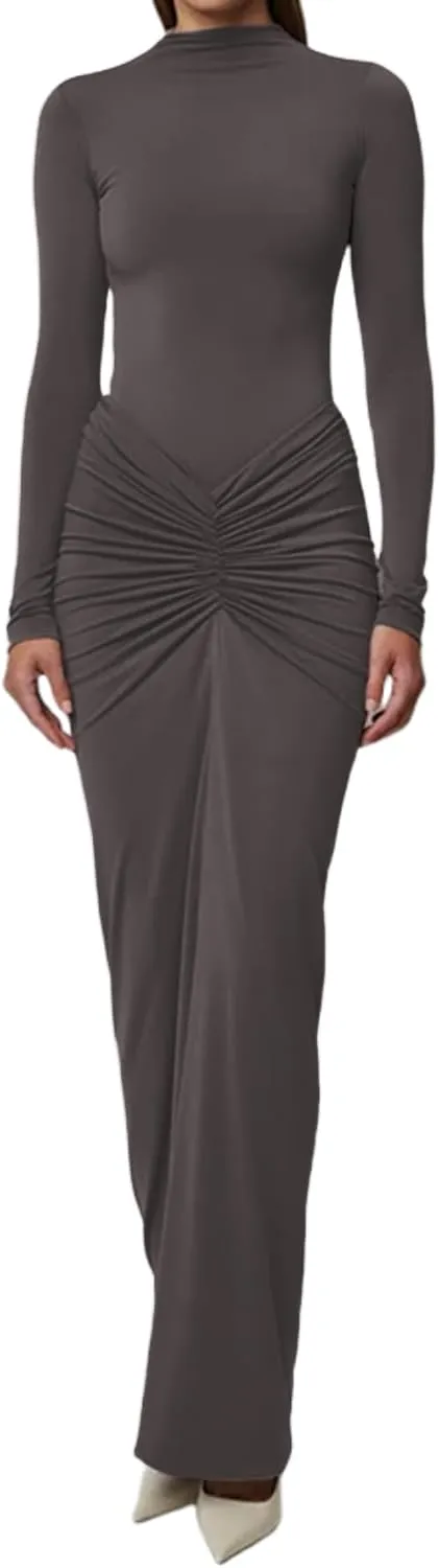 JUMISEE Women's Sexy Ruched Long Sleeve Maxi Dress Elegant Turtleneck Bodycon Cocktail Party Dress Evening Dress