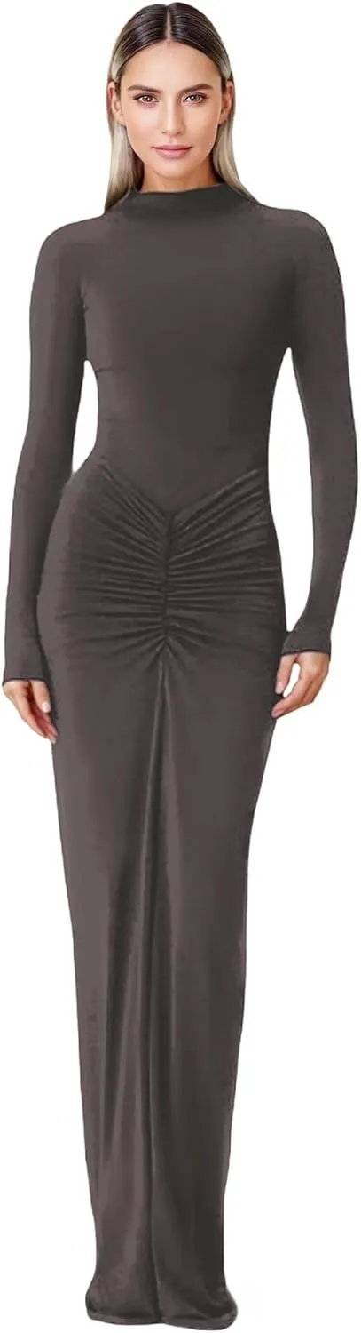 JUMISEE Women's Sexy Ruched Long Sleeve Maxi Dress Elegant Turtleneck Bodycon Cocktail Party Dress Evening Dress