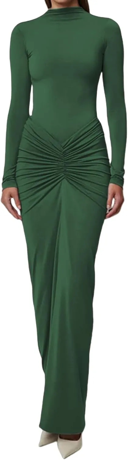 JUMISEE Women's Sexy Ruched Long Sleeve Maxi Dress Elegant Turtleneck Bodycon Cocktail Party Dress Evening Dress