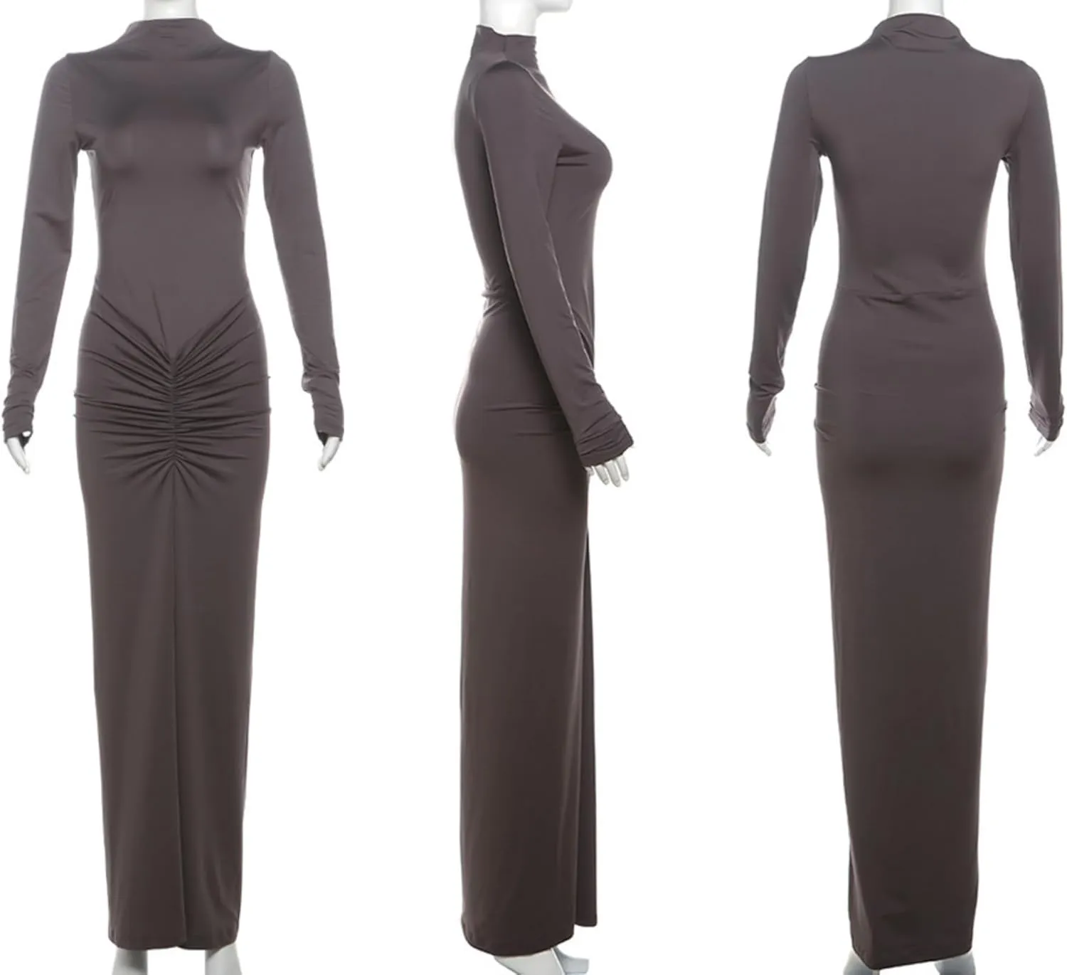 JUMISEE Women's Sexy Ruched Long Sleeve Maxi Dress Elegant Turtleneck Bodycon Cocktail Party Dress Evening Dress