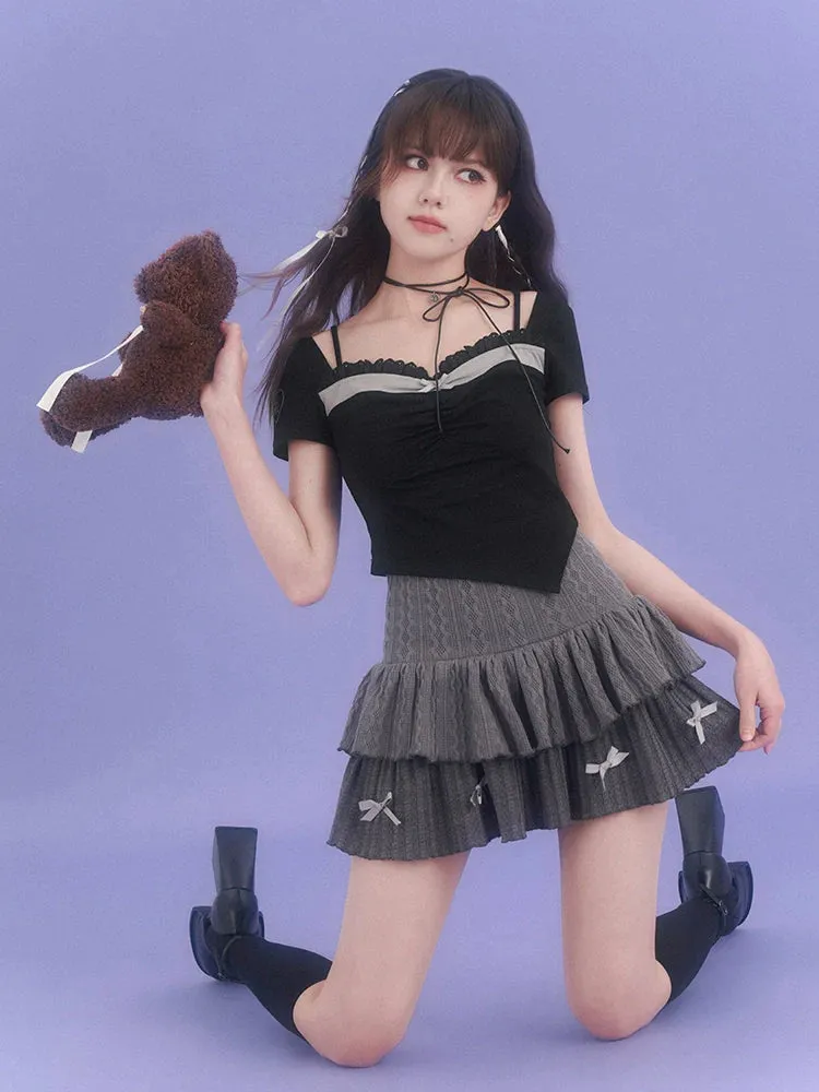 Knit High Skirt Waist Gray Ribbon