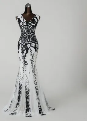 Ladies elegant floral sequins detail long evening prom formal dance dress