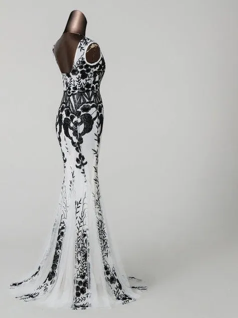 Ladies elegant floral sequins detail long evening prom formal dance dress