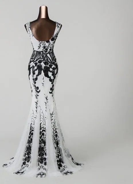 Ladies elegant floral sequins detail long evening prom formal dance dress