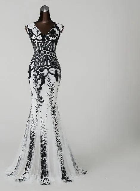 Ladies elegant floral sequins detail long evening prom formal dance dress