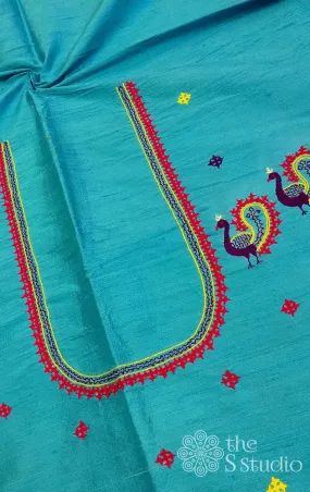 Light Blue Raw silk Blouse material with kutch embroidery