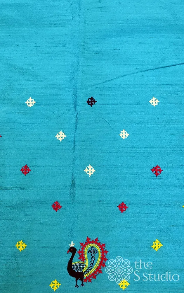 Light Blue Raw silk Blouse material with kutch embroidery