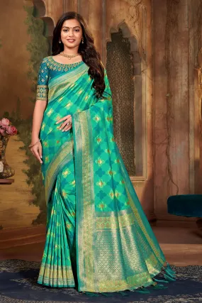 Light Green Malai Silk  Saree With Light Green Blouse