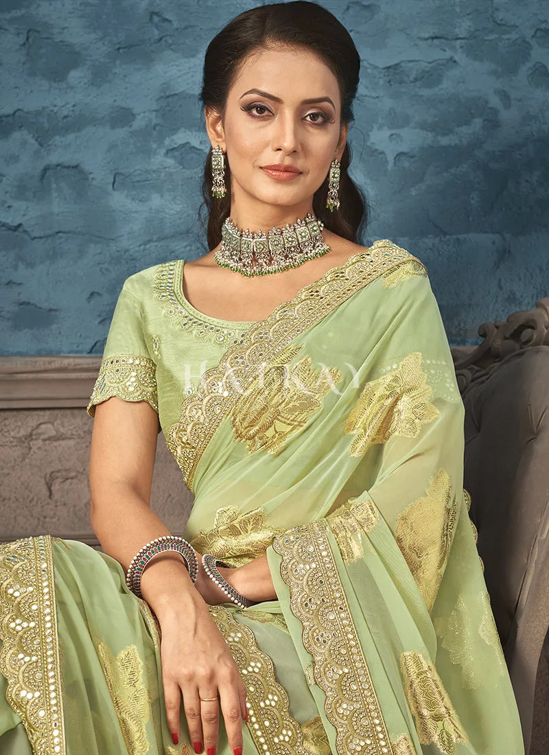 Light Green Mirror Work Embroidery Party Wear Saree
