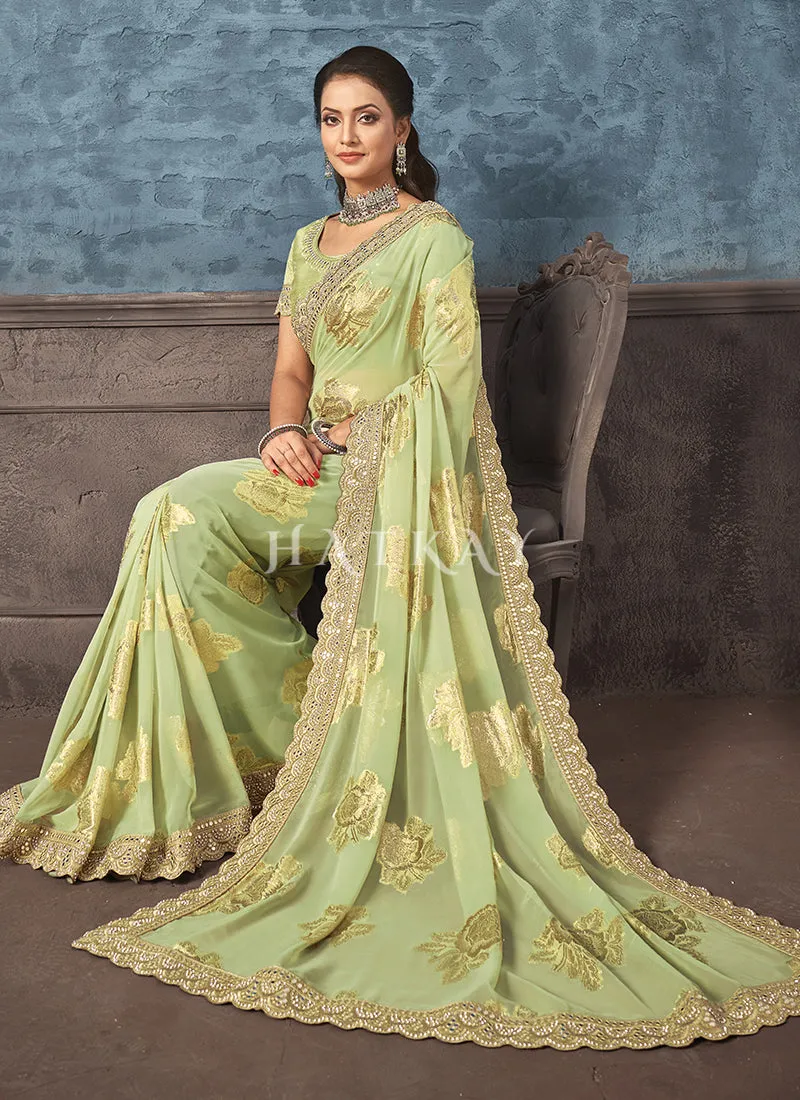 Light Green Mirror Work Embroidery Party Wear Saree