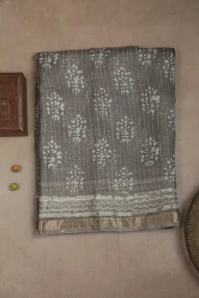 Light Grey Block Printed Kota Silk saree