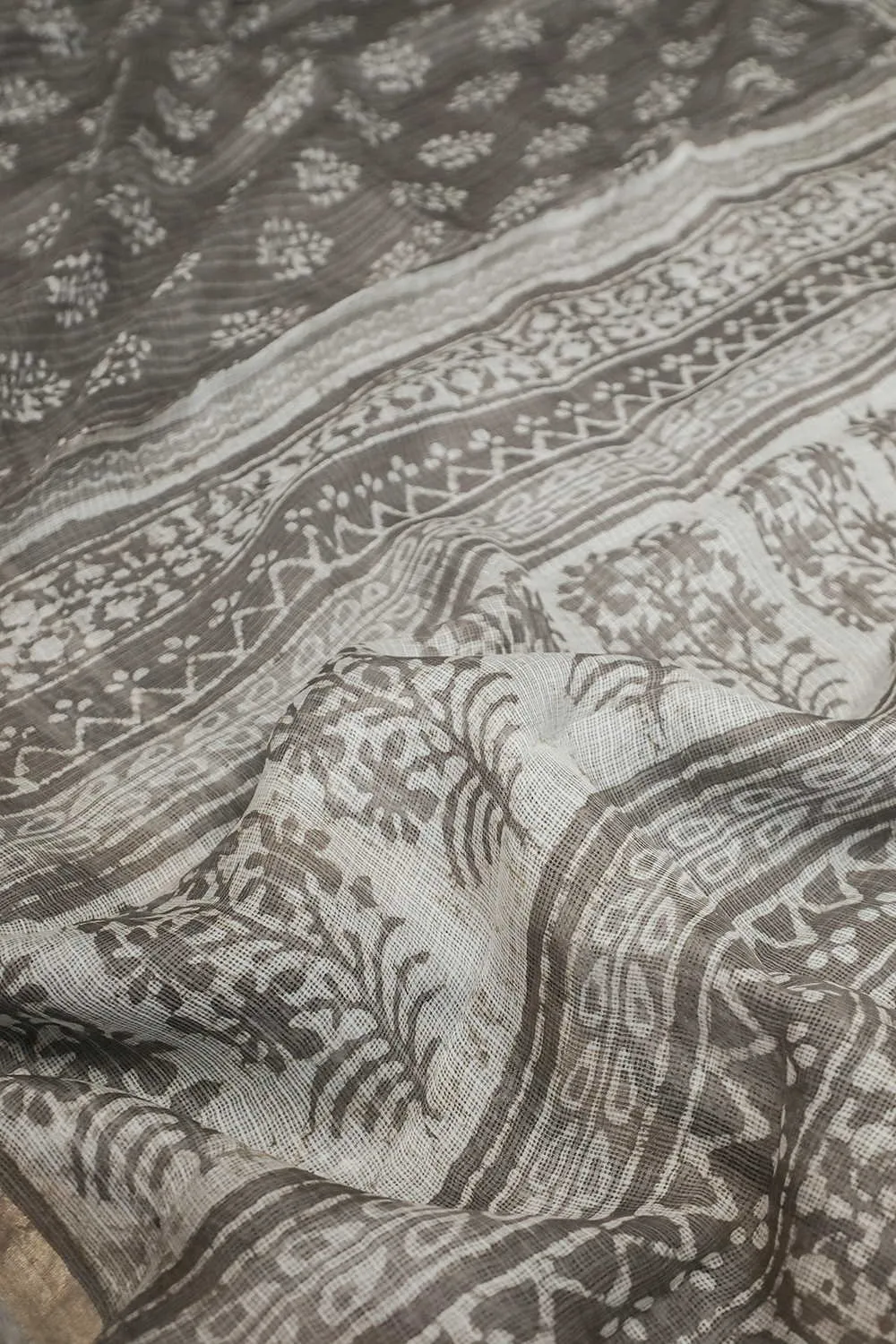 Light Grey Block Printed Kota Silk saree