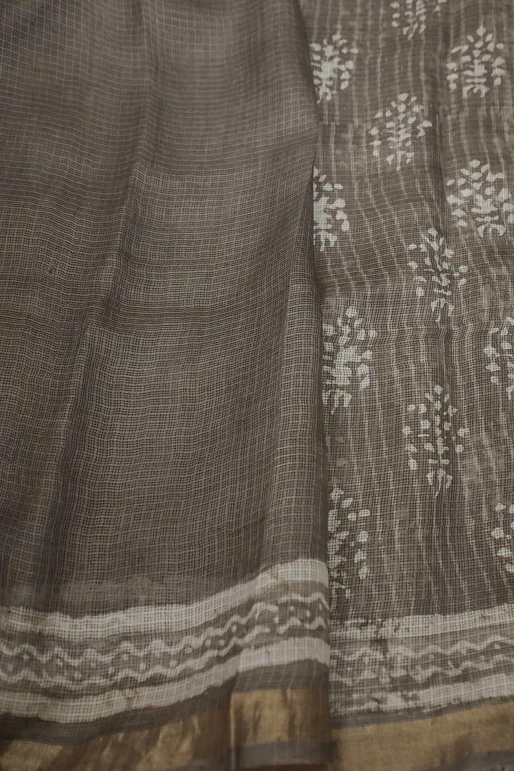 Light Grey Block Printed Kota Silk saree