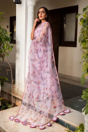 Light Purple Organza Printed Saree with Cotton Blouse