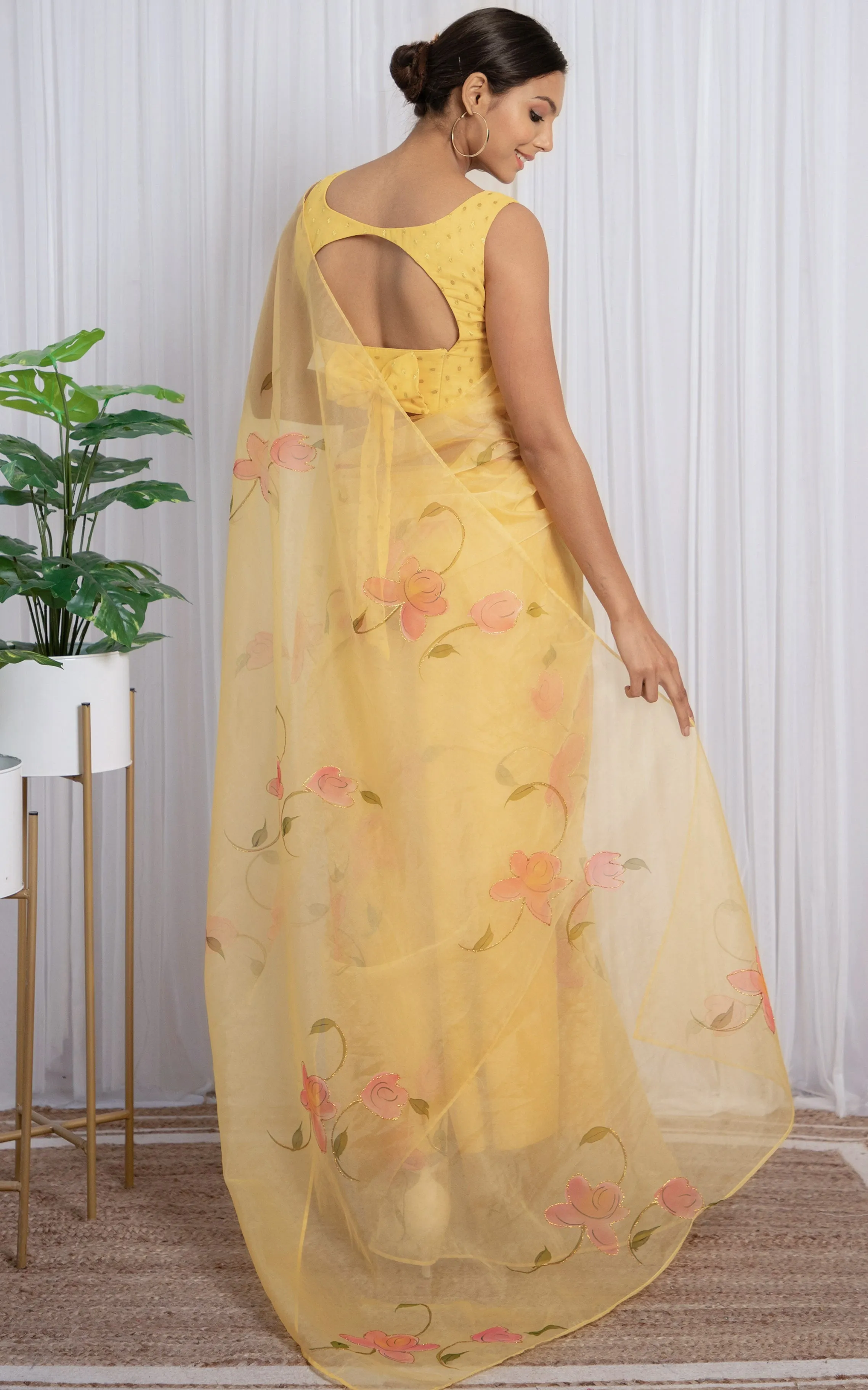 Light Yellow Handpainted Organza Saree