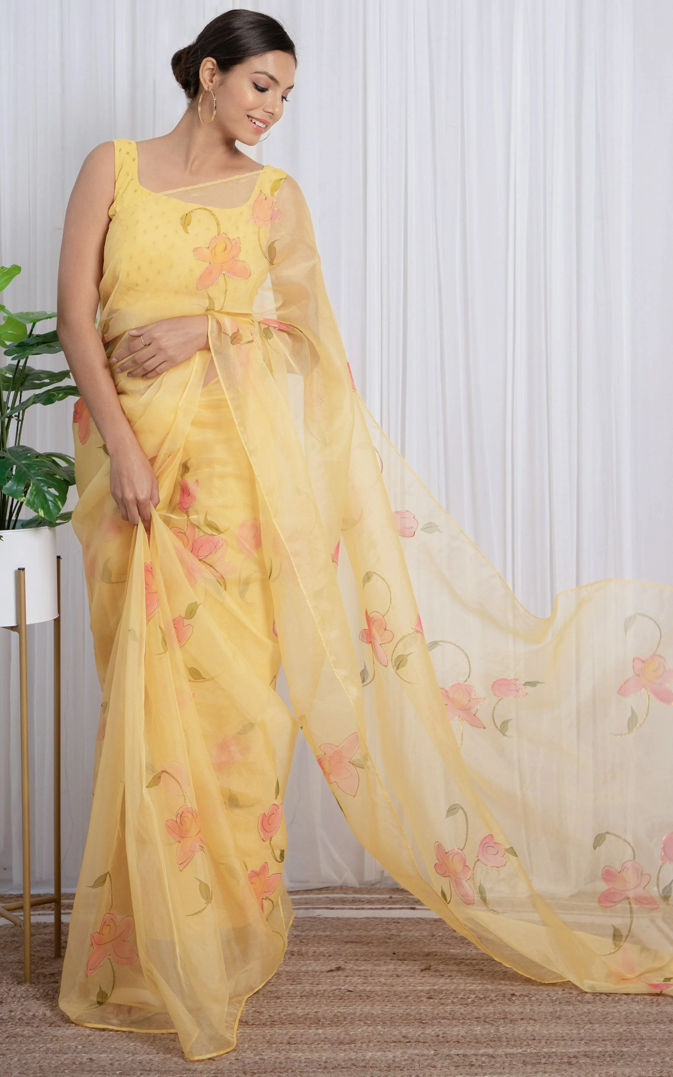 Light Yellow Handpainted Organza Saree