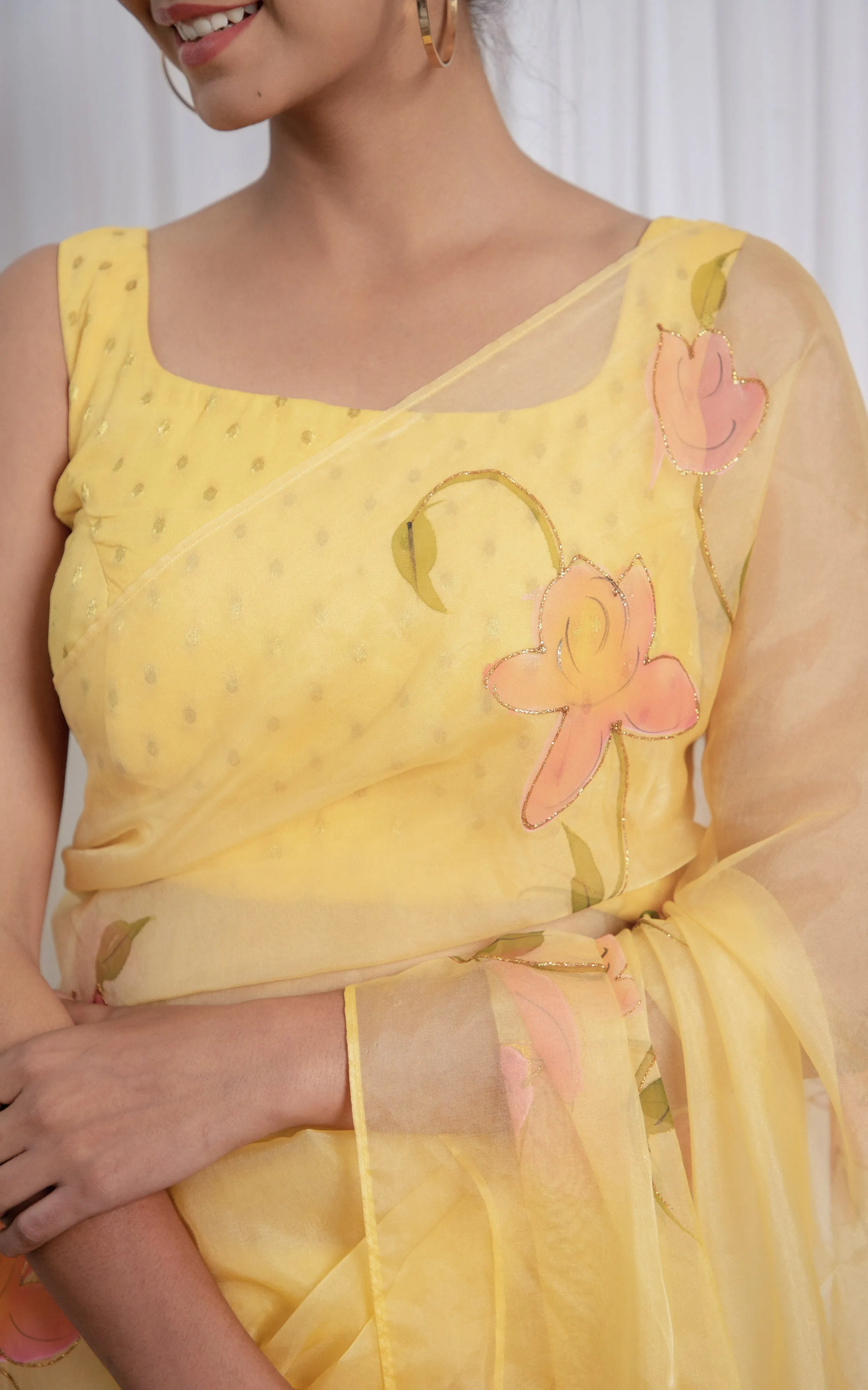 Light Yellow Handpainted Organza Saree